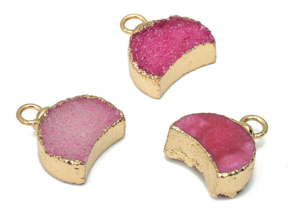 Purple Cluster Crystal Druzy Earring Charms - Brass Crescent Pendant - Natural Stone - Gold Tone Plated Brass – 14.4x12.91x4.62mm – NS1680B - DOMEDBAZAAR
