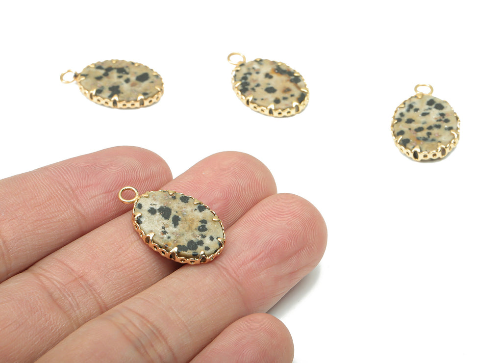 Dalmatian Jasper Oval Earring Charms - Brass Oval Pendant - Natural Stone - Gold Tone Plated Brass – 23.42x14.3x2.89mm – NS1684A - DOMEDBAZAAR