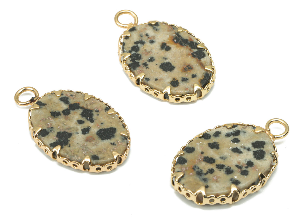Dalmatian Jasper Oval Earring Charms - Brass Oval Pendant - Natural Stone - Gold Tone Plated Brass – 23.42x14.3x2.89mm – NS1684A - DOMEDBAZAAR