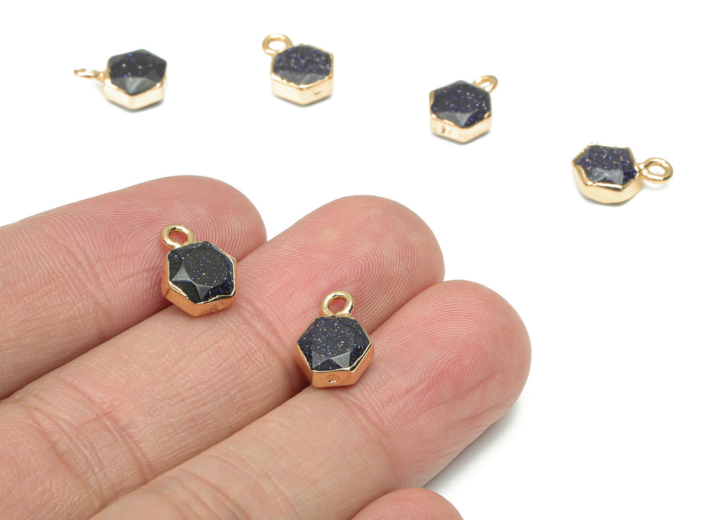 Blue Goldstone Earring Charms - Brass Hexagon Pendant - Natural Stone - Gold Tone Plated Brass – Jewelry Supplies - 11.4x8.31x4mm – NS1678B - DOMEDBAZAAR