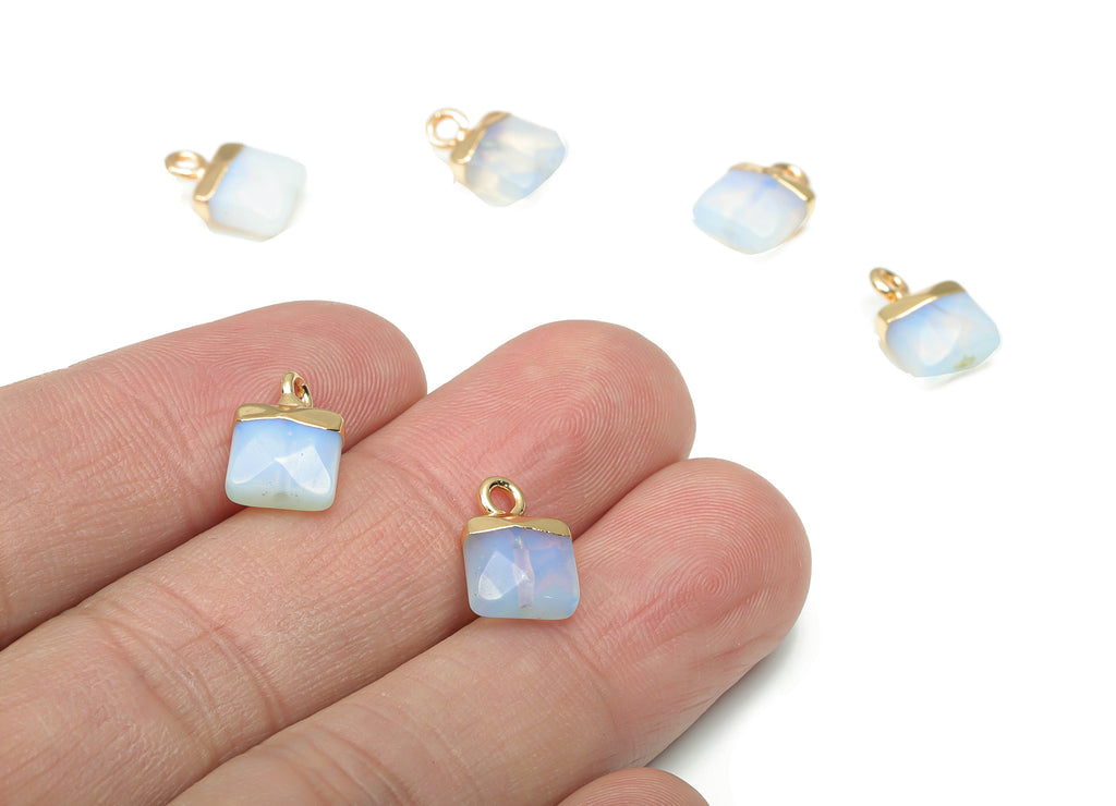 Opalite Faceted Square Earring Charms - Brass Square Pendant - Natural Stone - Gold Tone Plated Brass – 12.07x8.4x4.58mm – NS1679A - DOMEDBAZAAR