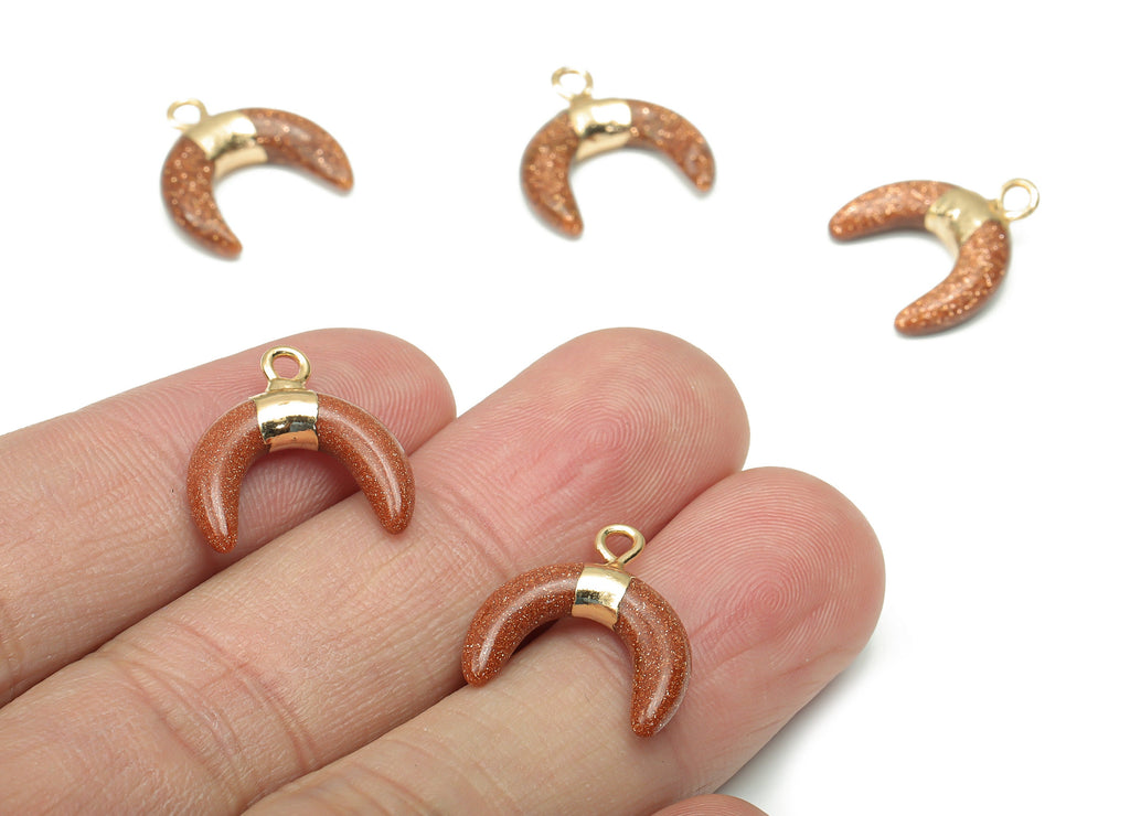 Goldstone Ox Horn Charms - Brass Crescent Pendant - Natural Stone - Gold Tone Plated Brass – Jewelry Supplies - 16.98x15.97x3.66mm – NS1686A - DOMEDBAZAAR