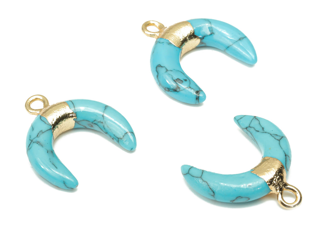 Blue Turquoise Ox Horn Earring Charms - Brass Crescent Pendant - Natural Stone - Gold Tone Plated Brass – 19.98x18.97x6.66mm – NS1686D - DOMEDBAZAAR
