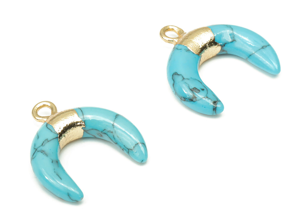Blue Turquoise Ox Horn Earring Charms - Brass Crescent Pendant - Natural Stone - Gold Tone Plated Brass – 19.98x18.97x6.66mm – NS1686D - DOMEDBAZAAR
