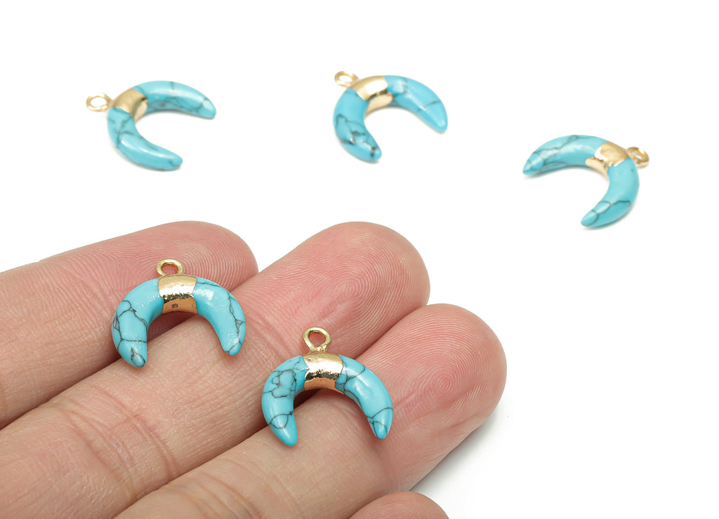Blue Turquoise Ox Horn Earring Charms - Brass Crescent Pendant - Natural Stone - Gold Tone Plated Brass – 19.98x18.97x6.66mm – NS1686D - DOMEDBAZAAR
