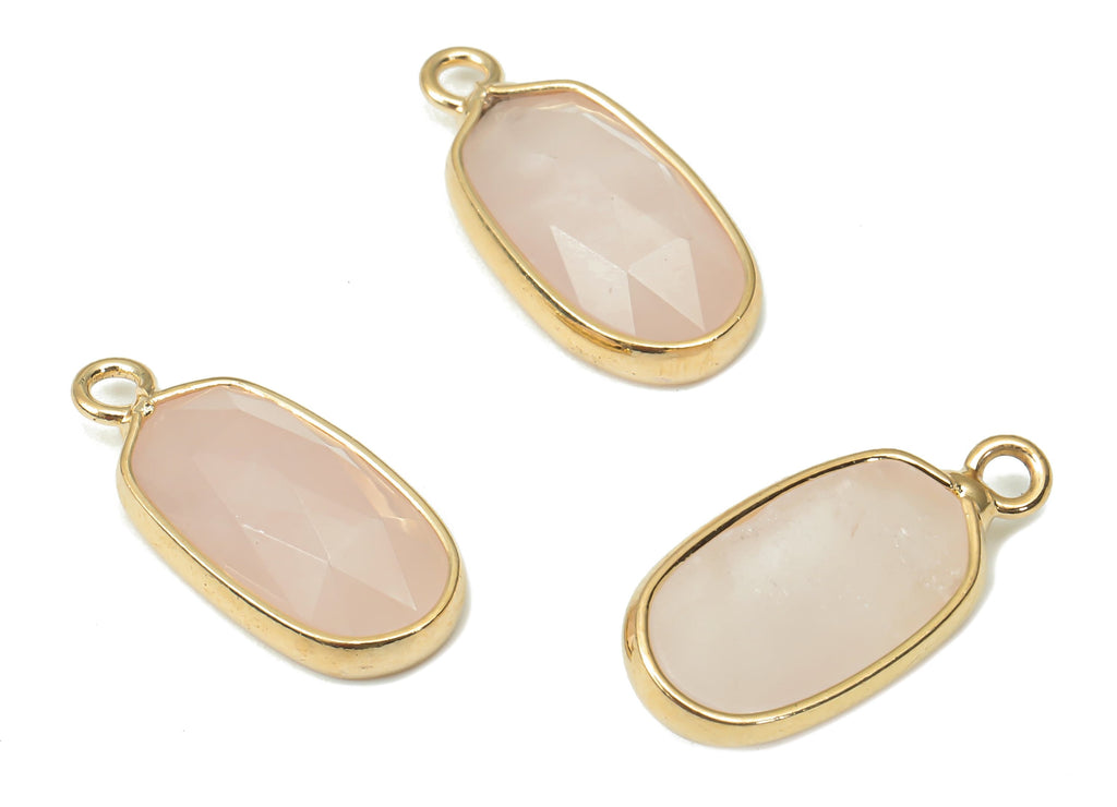 Rose Quartz Oval Earring Charms - Brass Faceted Oval Pendant -  Crystal Natural Stone - Gold Tone Plated Brass – 17.72x8.2x3.96mm – NS1852 - DOMEDBAZAAR