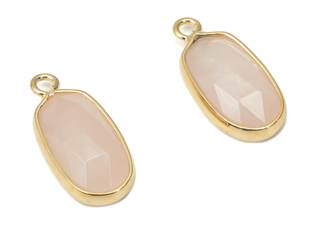 Rose Quartz Oval Earring Charms - Brass Faceted Oval Pendant -  Crystal Natural Stone - Gold Tone Plated Brass – 17.72x8.2x3.96mm – NS1852 - DOMEDBAZAAR