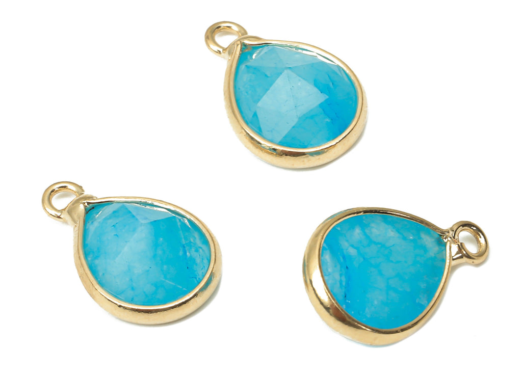 Blue Agate Drop Earring Charms - Brass Teardrop Pendant - Faceted Natural Stone - Gold Tone Plated Brass – 14.34x8.96x5.05mm – NS1851C - DOMEDBAZAAR