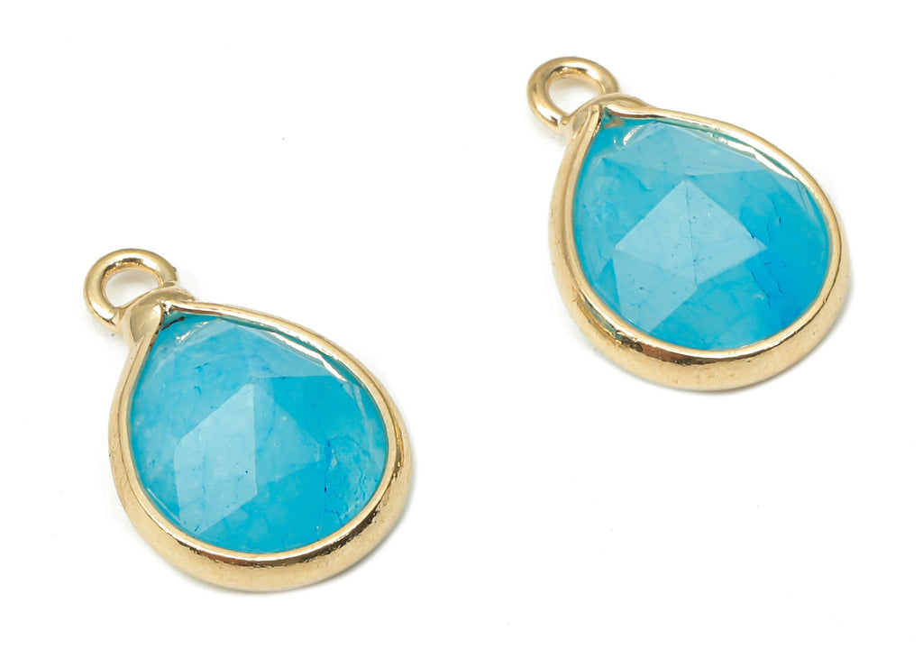 Blue Agate Drop Earring Charms - Brass Teardrop Pendant - Faceted Natural Stone - Gold Tone Plated Brass – 14.34x8.96x5.05mm – NS1851C - DOMEDBAZAAR