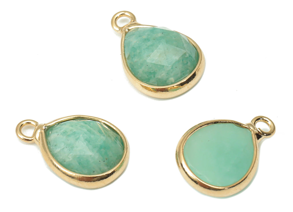 Amazonite Drop Earring Charms - Brass Teardrop Pendant - Faceted Natural Stone - Gold Tone Plated Brass – 14.34x8.96x5.05mm – NS1851D - DOMEDBAZAAR