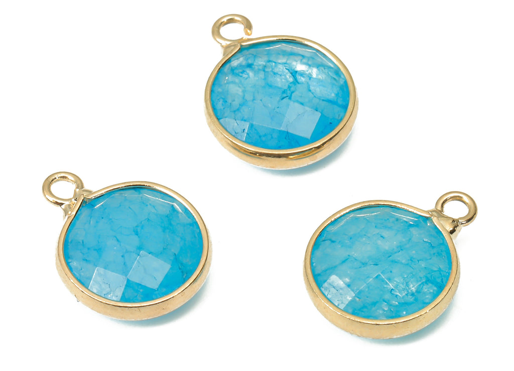 Blue Agate Round Earring Charms - Brass Circle Pendant - Faceted Natural Stone - Gold Tone Plated Brass – 14.41x11.22x4.26mm – NS1850A - DOMEDBAZAAR