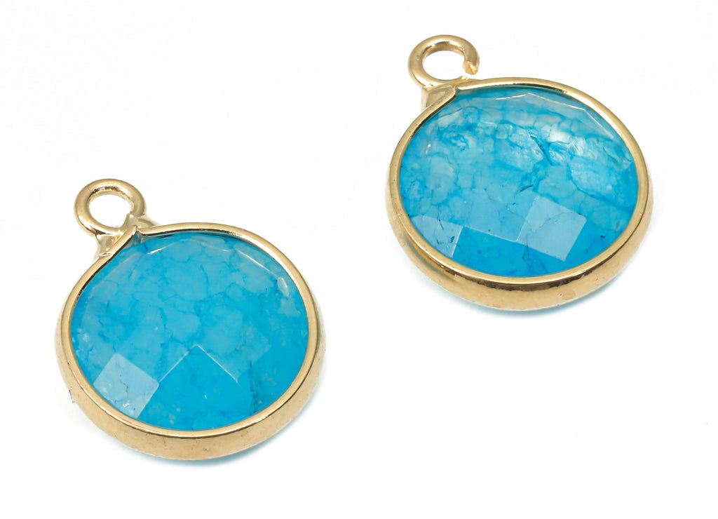 Blue Agate Round Earring Charms - Brass Circle Pendant - Faceted Natural Stone - Gold Tone Plated Brass – 14.41x11.22x4.26mm – NS1850A - DOMEDBAZAAR