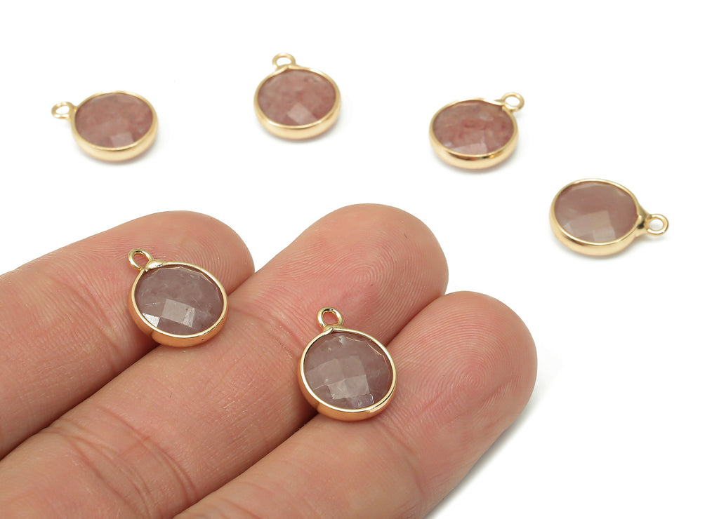 Strawberry Quartz Round Earring Charms - Brass Circle Pendant - Faceted Natural Stone - Gold Tone Plated Brass – 14.41x11.22x4.3mm – NS1850C - DOMEDBAZAAR