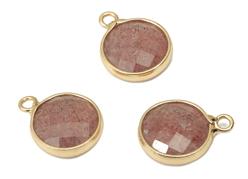 Strawberry Quartz Round Earring Charms - Brass Circle Pendant - Faceted Natural Stone - Gold Tone Plated Brass – 14.41x11.22x4.3mm – NS1850C - DOMEDBAZAAR
