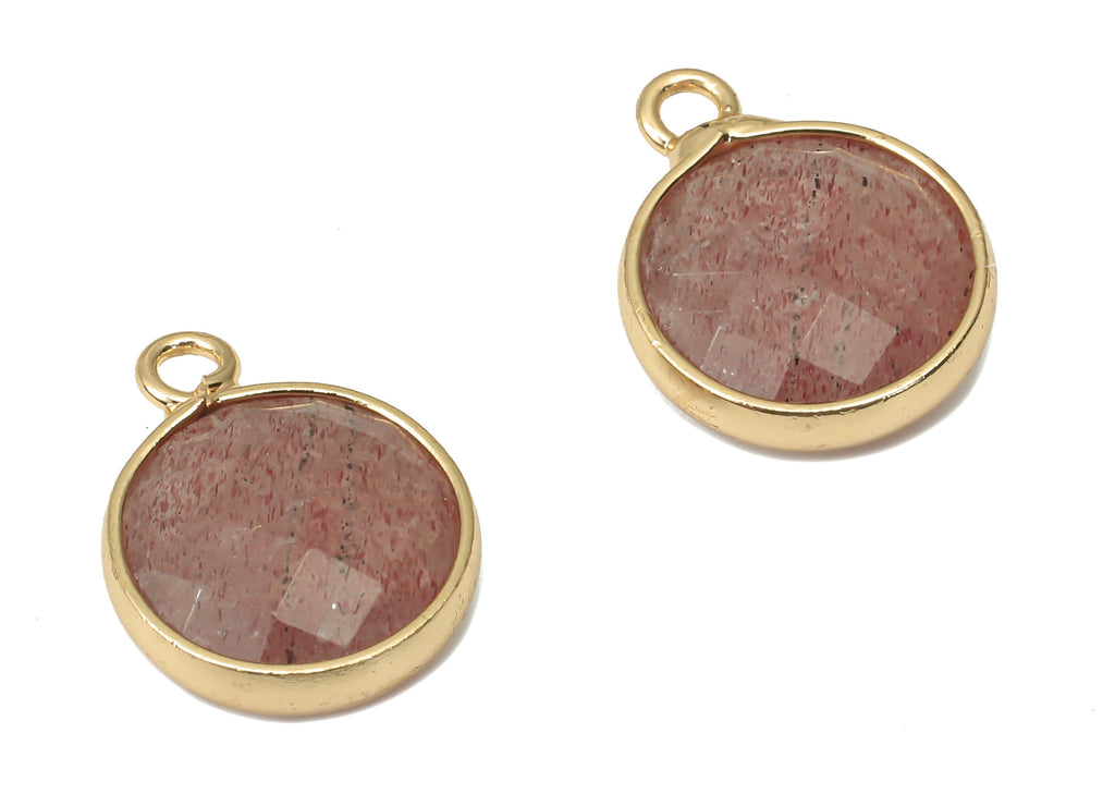Strawberry Quartz Round Earring Charms - Brass Circle Pendant - Faceted Natural Stone - Gold Tone Plated Brass – 14.41x11.22x4.3mm – NS1850C - DOMEDBAZAAR