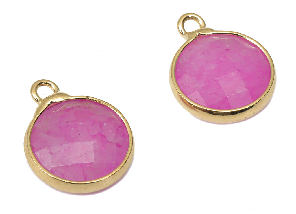 Pink Agate Gemstone Round Earring Charms - Brass Circle Pendant - Faceted Natural Stone - Gold Tone Plated Brass – 14.4x11.2x4.3mm – NS1850D - DOMEDBAZAAR