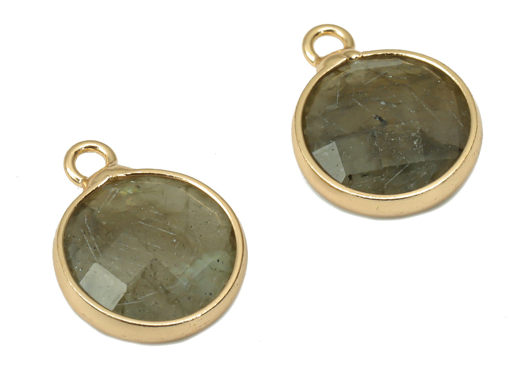 Labradorite Round Earring Charms - Brass Circle Pendant - Faceted Natural Stone - Gold Tone Plated Brass – 14.41x11.22x4.26mm – NS1850E - DOMEDBAZAAR