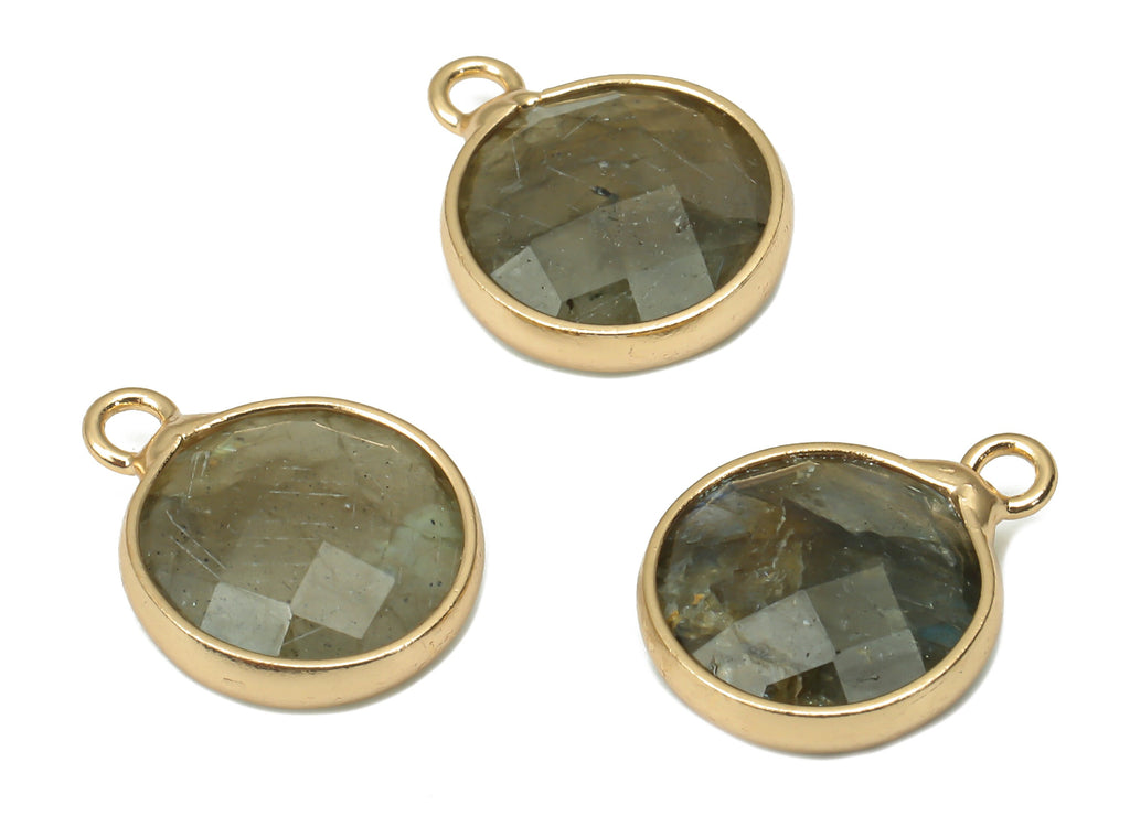 Labradorite Round Earring Charms - Brass Circle Pendant - Faceted Natural Stone - Gold Tone Plated Brass – 14.41x11.22x4.26mm – NS1850E - DOMEDBAZAAR