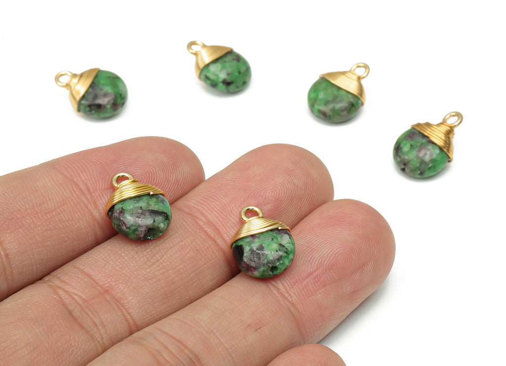 Ruby Zoisite Earring Charms - Handmade Brass Round Pendant - Wire Wrapped - Gold Tone Plated Brass – 13.79x10.33x5.98mm – NS1608C - DOMEDBAZAAR