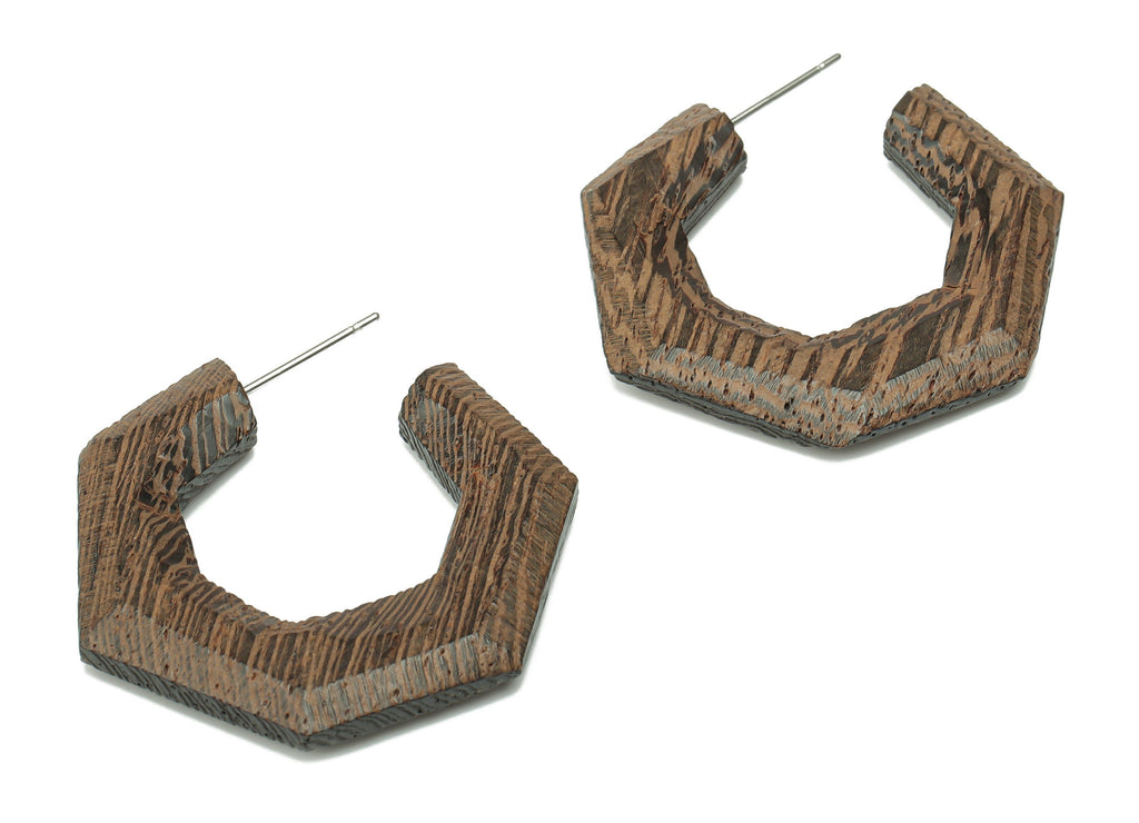 Wenge Wood Open Hoop Earring Stud - Wenge Wood Polygon Post - Stainless Steel Stud - Jewelry Making Supplies - 34.6x34.21x3.91mm - BB1214B - DOMEDBAZAAR