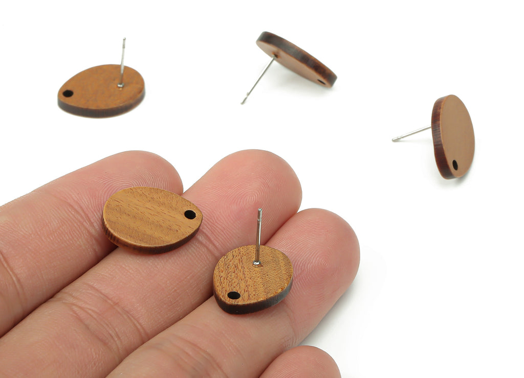 Walnut Wood Drop Earring Stud Connector - Walnut Wood Teardrop Earring Post - 316 Surgical Stainless Steel Stud - 17.53x13.2x2.5mm - BB1244 - DOMEDBAZAAR