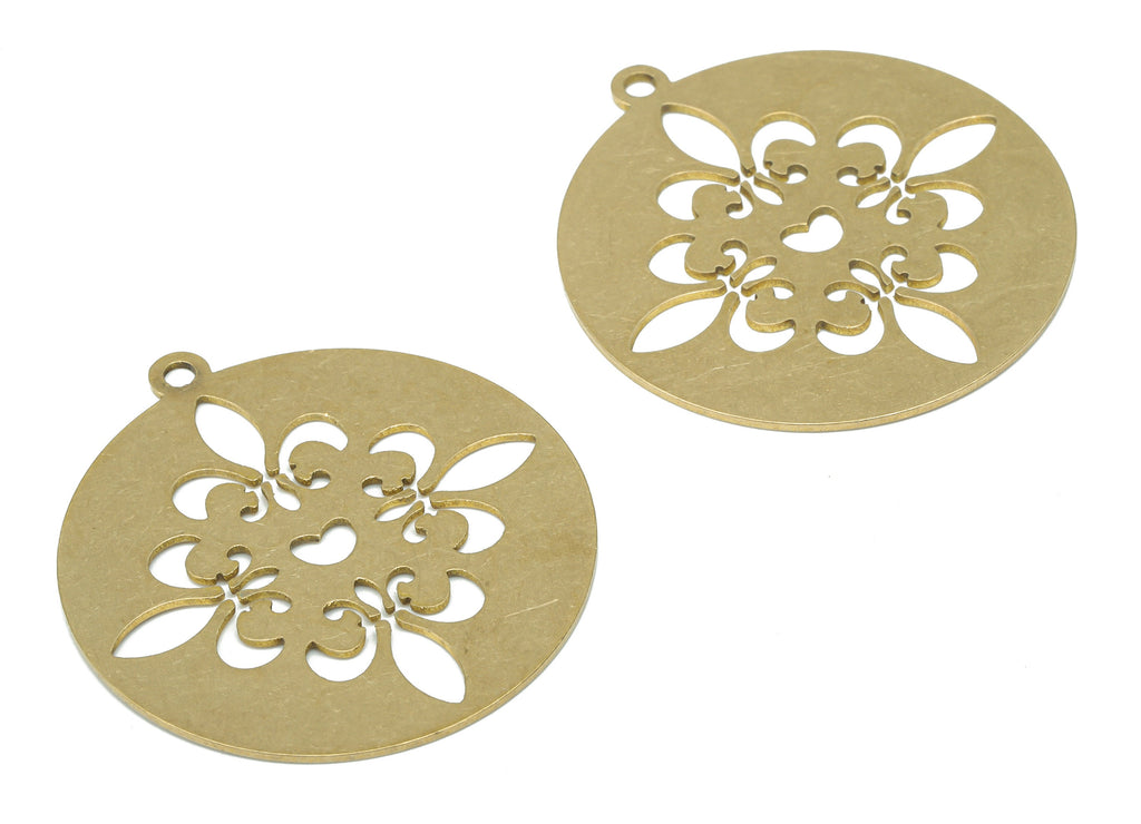 Brass Round Flower Earring Charms - Raw Brass Heart Circle Pendant - DIY Jewelry Making Supplies - 34.88x31.84x0.65mm - PPA2589 - DOMEDBAZAAR
