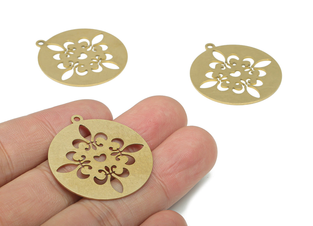 Brass Round Flower Earring Charms - Raw Brass Heart Circle Pendant - DIY Jewelry Making Supplies - 34.88x31.84x0.65mm - PPA2589 - DOMEDBAZAAR