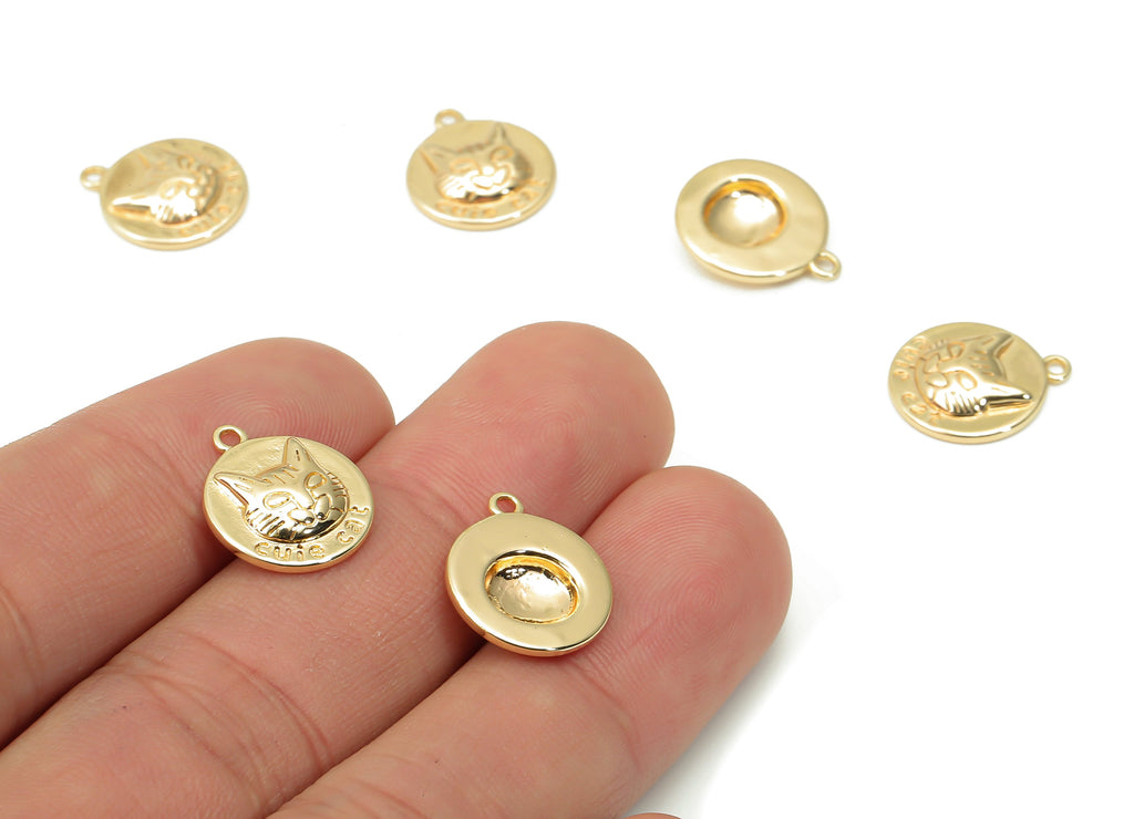 Brass Cuie Cat Earring Charms - Gold Cat Engraved Pendant - 18K Real Gold Plated Brass - Jewelry Making - 14.94x12.92x2.95mm - RGP4450 - DOMEDBAZAAR