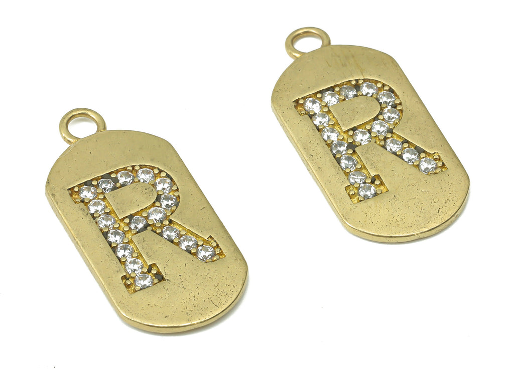 Brass Long Oval Letter R Earring Charms with Zircons - Raw Brass Initial R Pendant - Jewelry Making Supplies - 23.45x11.2x1.57mm - PP7442R - DOMEDBAZAAR