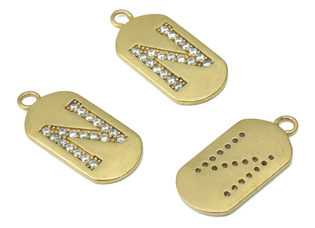 Brass Long Oval Letter N Earring Charms with Zircons - Raw Brass Initial N Pendant - Jewelry Making Supplies - 23.45x11.2x1.57mm - PP7442N - DOMEDBAZAAR