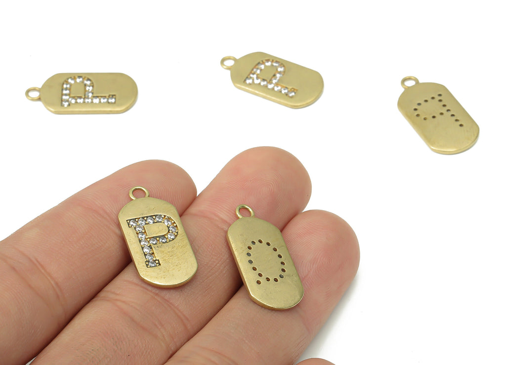 Brass Long Oval Letter P Earring Charms with Zircons - Raw Brass Initial P Pendant - Jewelry Making Supplies - 23.45x11.2x1.57mm - PP7442P - DOMEDBAZAAR