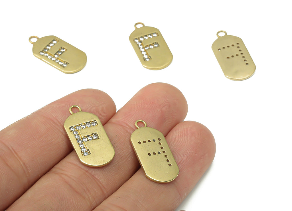 Brass Long Oval Letter F Earring Charms with Zircons - Raw Brass Initial F Pendant - Jewelry Making Supplies - 23.45x11.2x1.57mm - PP7442F - DOMEDBAZAAR