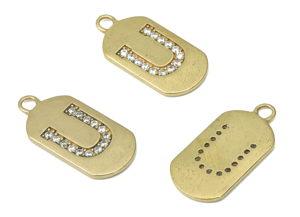 Brass Long Oval Letter U Earring Charms with Zircons - Raw Brass Initial U Pendant - Jewelry Making Supplies - 23.45x11.2x1.57mm - PP7442U - DOMEDBAZAAR