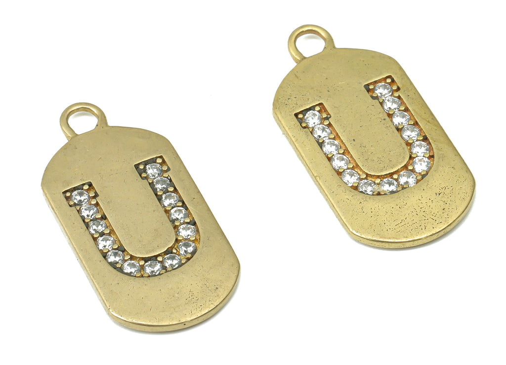 Brass Long Oval Letter U Earring Charms with Zircons - Raw Brass Initial U Pendant - Jewelry Making Supplies - 23.45x11.2x1.57mm - PP7442U - DOMEDBAZAAR