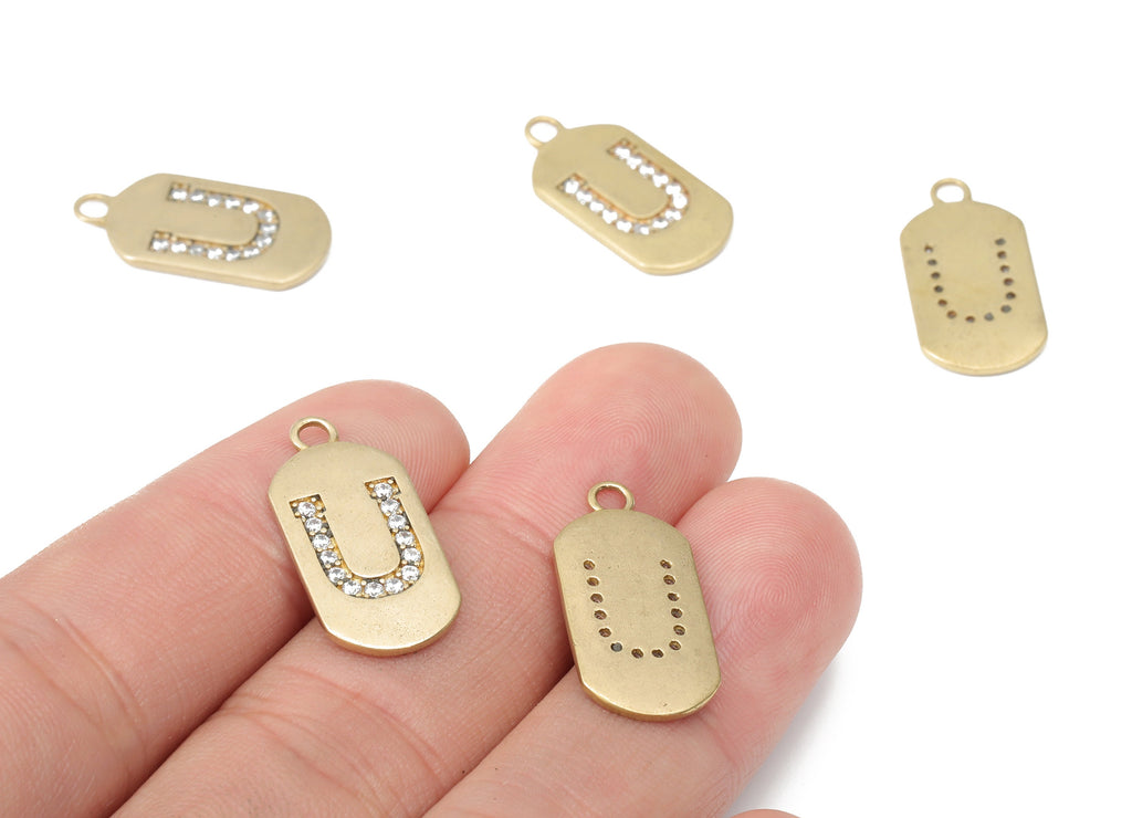 Brass Long Oval Letter U Earring Charms with Zircons - Raw Brass Initial U Pendant - Jewelry Making Supplies - 23.45x11.2x1.57mm - PP7442U - DOMEDBAZAAR
