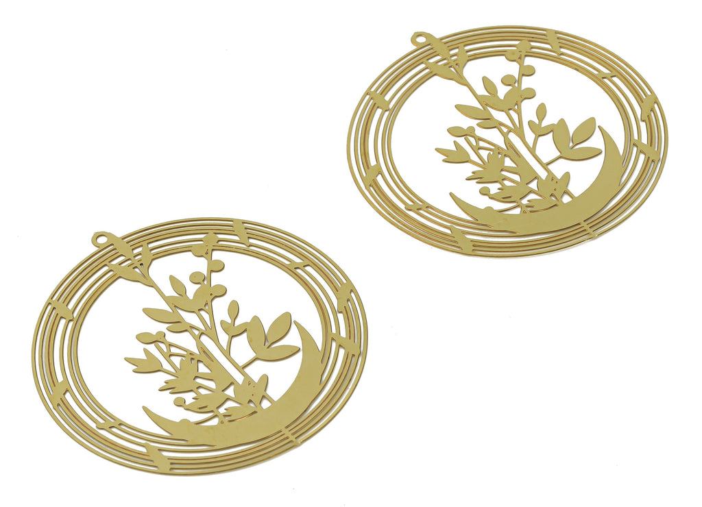 Brass Crescent Round Botanical Flowers Earring Charms - Raw Brass Leaves Circle Pendant - Jewelry Making Supplies - 45.1x41.9x0.3mm- JJB7048 - DOMEDBAZAAR