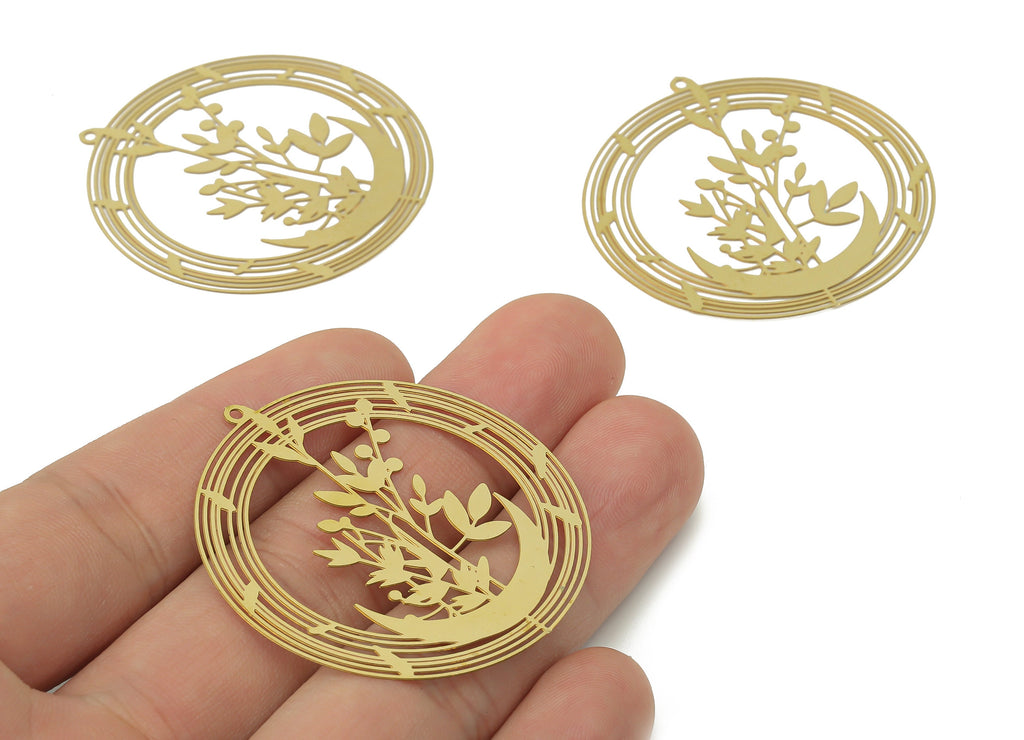 Brass Crescent Round Botanical Flowers Earring Charms - Raw Brass Leaves Circle Pendant - Jewelry Making Supplies - 45.1x41.9x0.3mm- JJB7048 - DOMEDBAZAAR