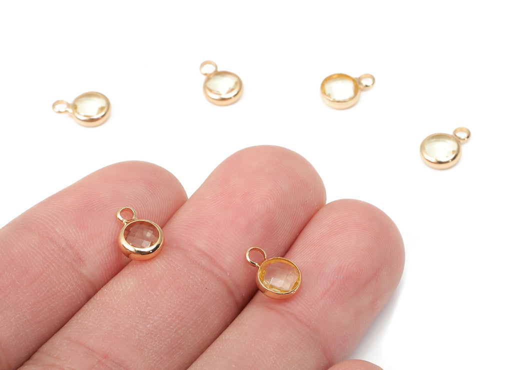 Glass Mini Round Earring Charms with Loop - Gold Tone Plated Circle Brass Bracelet Charm - Faceted Clear Glass - 9.6x6.53x2.57mm - GS1143H - DOMEDBAZAAR
