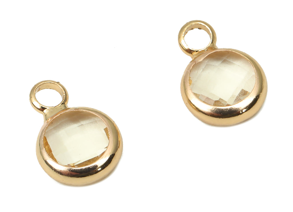 Glass Mini Round Earring Charms with Loop - Gold Tone Plated Circle Brass Bracelet Charm - Faceted Clear Glass - 9.6x6.53x2.57mm - GS1143H - DOMEDBAZAAR