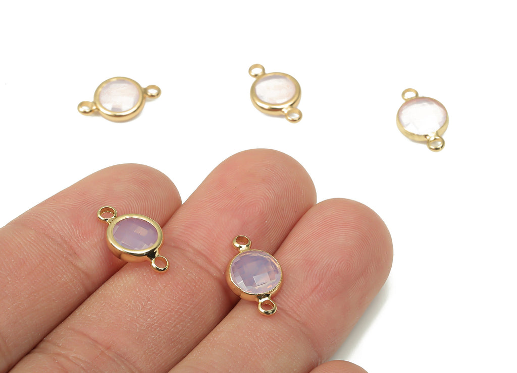 Glass Round Earring Connectors - Brass Circle Bracelet Connector - Gold Tone Plated Brass - Faceted Pink Glass - 14.4x8.7x3.2mm - GS1138D - DOMEDBAZAAR