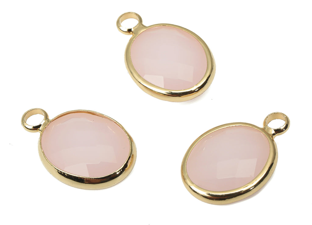 Glass Oval Earring Charms With Loop - Pink Brass Oval Frame Pendant - Gold Tone Plated Brass - Faceted Glass - 16.08x10.6x4.38mm - GS1145A - DOMEDBAZAAR