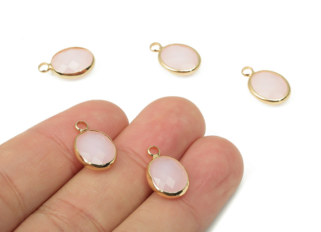 Glass Oval Earring Charms With Loop - Pink Brass Oval Frame Pendant - Gold Tone Plated Brass - Faceted Glass - 16.08x10.6x4.38mm - GS1145A - DOMEDBAZAAR