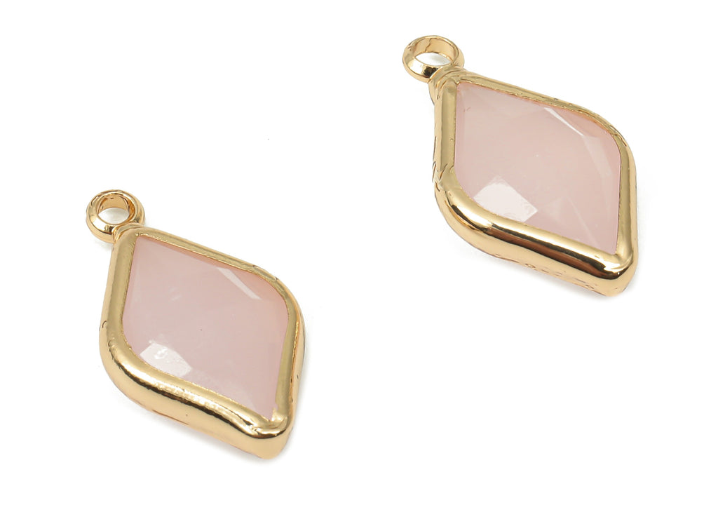 Glass Rhombic Earring Charms - Pink Brass Rhombic Frame Pendant - Gold Tone Plated Brass - Faceted Glass - 17.83x9.95x4.86mm - GS1146D - DOMEDBAZAAR