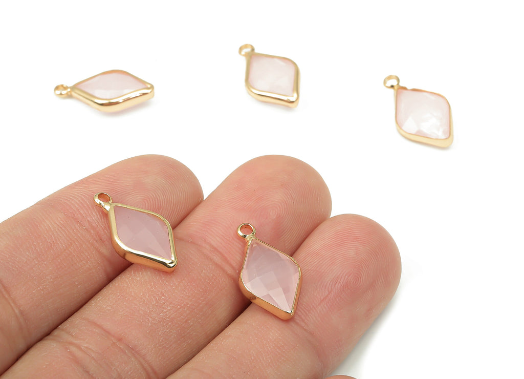 Glass Rhombic Earring Charms - Pink Brass Rhombic Frame Pendant - Gold Tone Plated Brass - Faceted Glass - 17.83x9.95x4.86mm - GS1146D - DOMEDBAZAAR