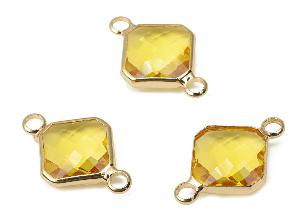 Glass Diamond Earring Connectors - Yellow Brass Rhombic Frame Bracelet - Gold Tone Plated Brass - Faceted Glass - 19.1x12.2x4.85mm - GS1136D - DOMEDBAZAAR