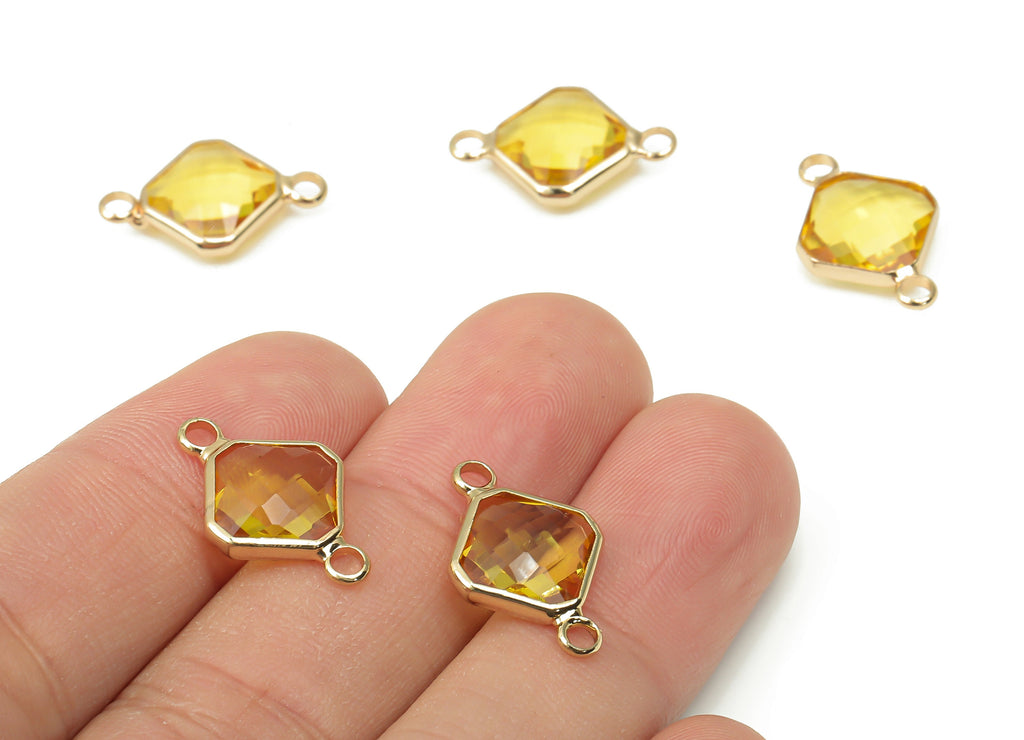 Glass Diamond Earring Connectors - Yellow Brass Rhombic Frame Bracelet - Gold Tone Plated Brass - Faceted Glass - 19.1x12.2x4.85mm - GS1136D - DOMEDBAZAAR