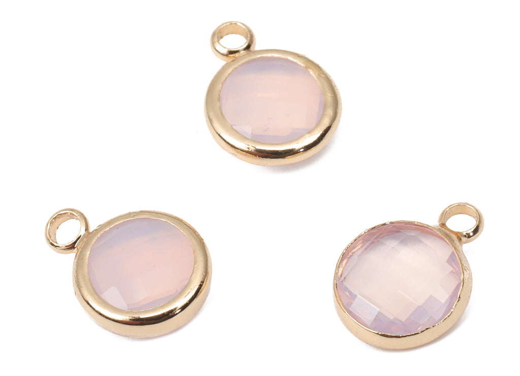 Glass Round Earring Charms with Loop - Pink Brass Circle Frame Pendant - Gold Tone Plated Brass - Faceted Glass - 11.5x8.66x3.02mm - GS1142B - DOMEDBAZAAR