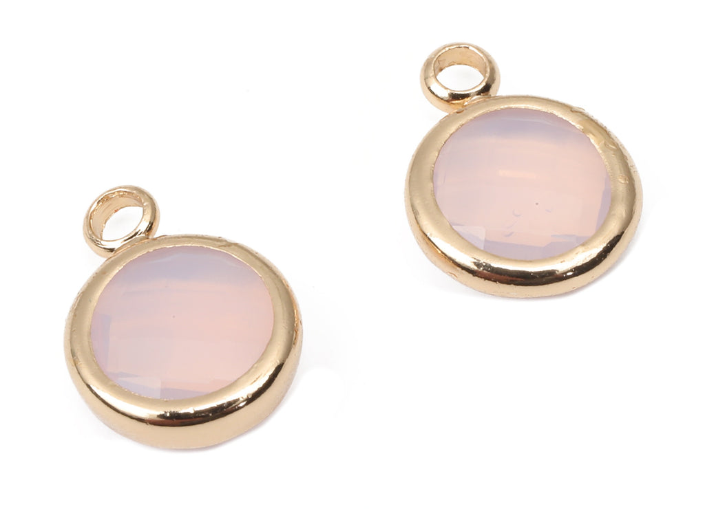Glass Round Earring Charms with Loop - Pink Brass Circle Frame Pendant - Gold Tone Plated Brass - Faceted Glass - 11.5x8.66x3.02mm - GS1142B - DOMEDBAZAAR