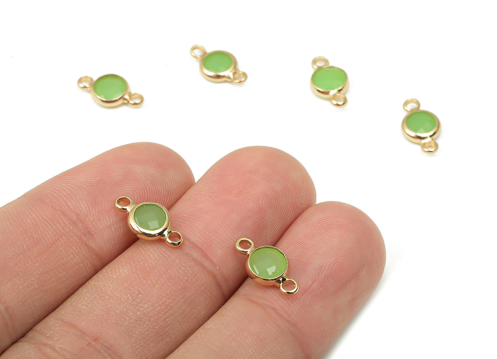 Glass Mini Round Earring Connectors - Green Brass Circle Frame Bracelet - Gold Tone Plated Brass - Faceted Glass - 12.45x6.65x2.3mm- GS1139A - DOMEDBAZAAR