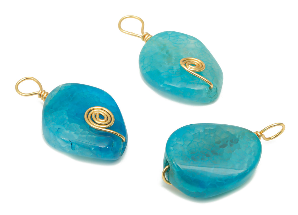 Blue Agate Crystal Earring Charms - Brass Wire Wrapped Oval Pendant - Natural Stone - Gold Tone Plated Brass – 32.09x17.89x6.58mm – NS1752 - DOMEDBAZAAR